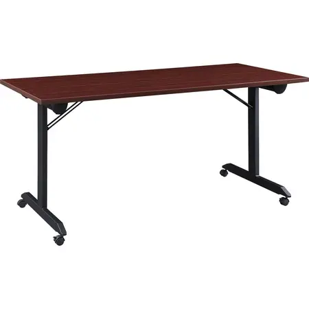 Set of modular classroom desks with burgundy laminate tops and black metal legs on casters arranged in a classroom.
