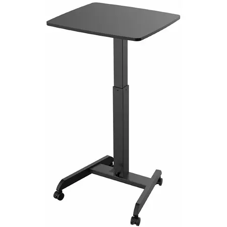 A black sit-stand desk with a laptop on top