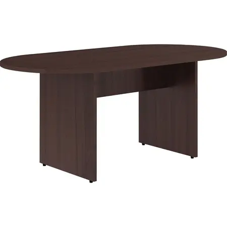 Dark wood finish conference table with rounded ends and modest pedestal base