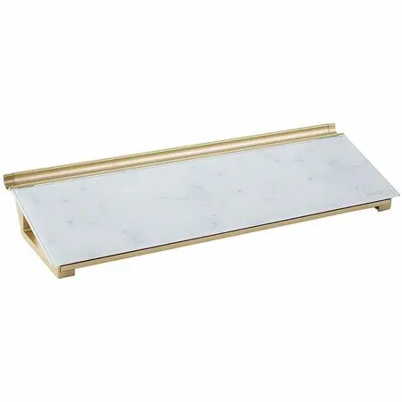 Marble-like glass desk organizer with gold accents and a 15-year warranty badge