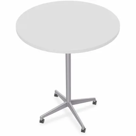 Round high-top table with light gray base and wheels on a white background