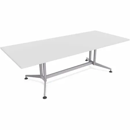 A white rectangular table with a sturdy metal frame and four feet, seen from the side.