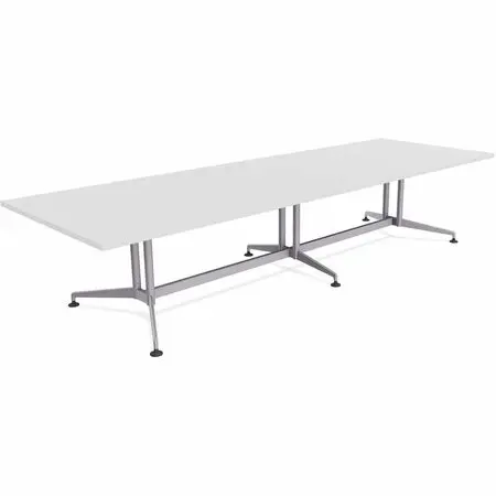 A long white office table with a metal frame and three legs with adjustable feet.