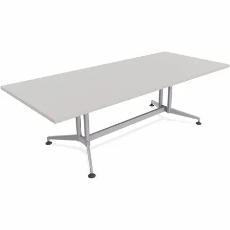 Rectangular desk with light blue metal frame and flat tabletop