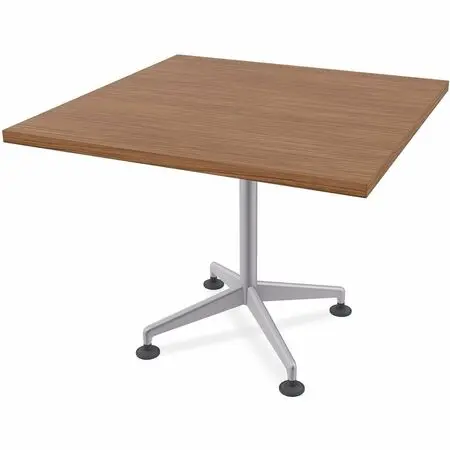 Table with a wooden top and a gray metal pedestal base with caster feet