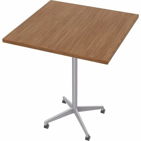 A mobile presentation board stand with a brown cork board mounted to a white stand on wheels