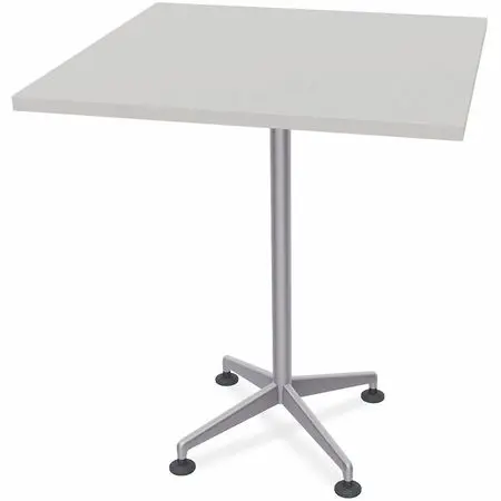 A small square pedestal table with a light gray tabletop and a white metal base with four feet and black circular floor protectors.