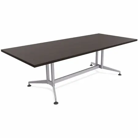 A rectangular office table with dark wood top and a silver metal trestle base with four legs and feet.