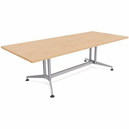 A rectangular wooden tabletop with a light gray metal frame and legs, set on a white background.