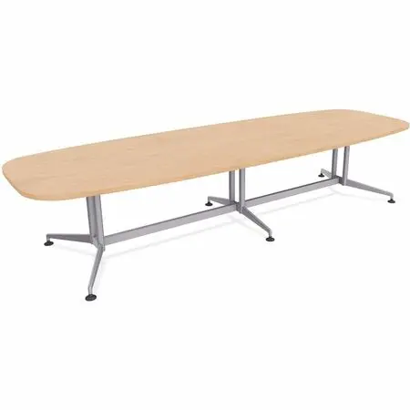 Long wooden conference/table top with light gray metal legs and a trestle base