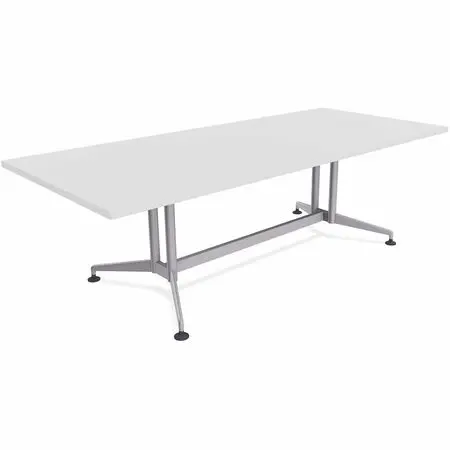 A white rectangular table with pedestal legs and feet on a white background.