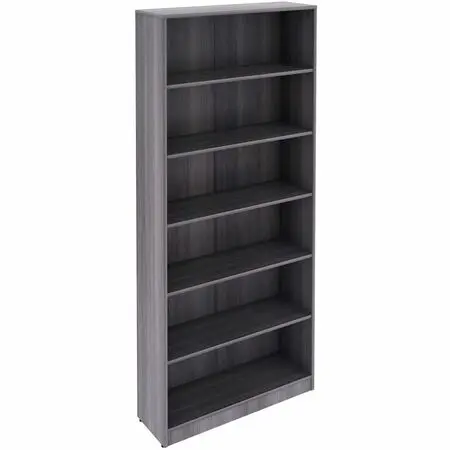 A tall, dark woodgrain bookshelf with multiple adjustable shelves and a narrow base, showing dimensions and features labeled.