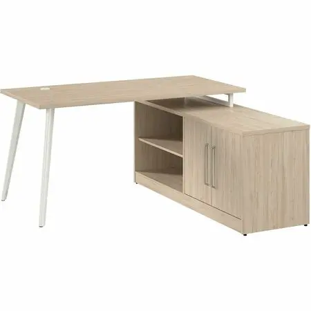 Office desk with light wood finish and black ergonomic chair in a bright modern workspace