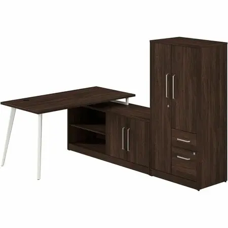 Dark brown wooden desk with white legs, shelving unit, and tall cabinet