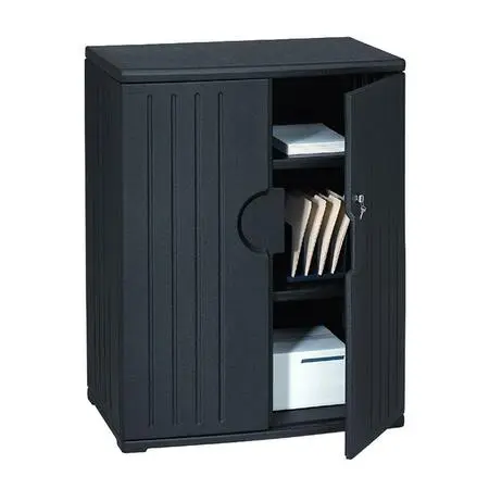 Black storage cabinet with open door showing shelves and contents