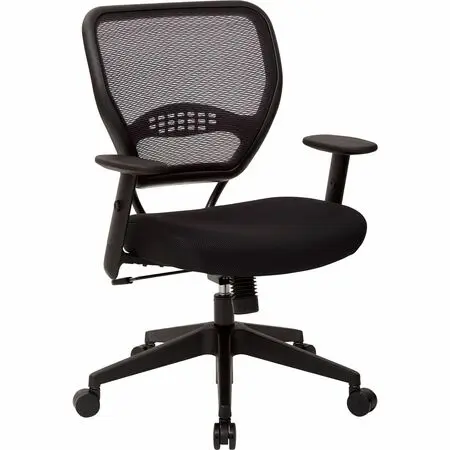 Ergonomic black mesh back office chair with adjustable arms on a five-star base with casters; headless