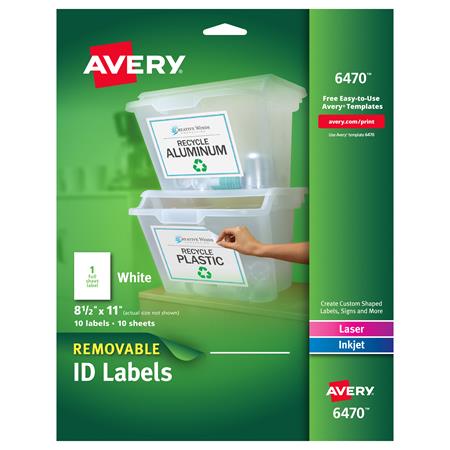 Avery White Removable Multipurpose Labels, 8.5 x 11 Inches, White, Pack of 10 (06470) AVE6470-BULK