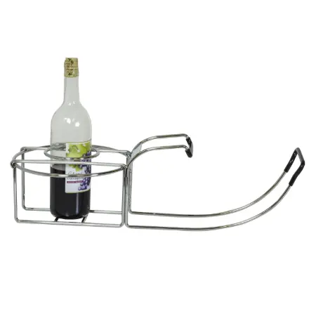 Metal wine bottle holder with a bottle of wine