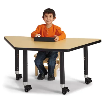 Triangular rectangular table with a light wood top and black edge, on black legs with caster wheels