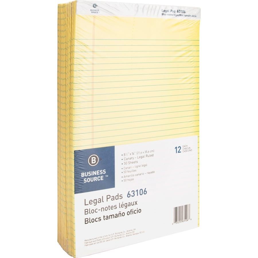 Business Source Micro - Perforated Legal Ruled Pads - Legal - 50 Sheets -  0.34 Ruled - 16 lb Basis Weight - 8 1/2 x 14 - Canary Paper - Micro  Perforated, Easy Tear, Sturdy Back - ICC Business Products