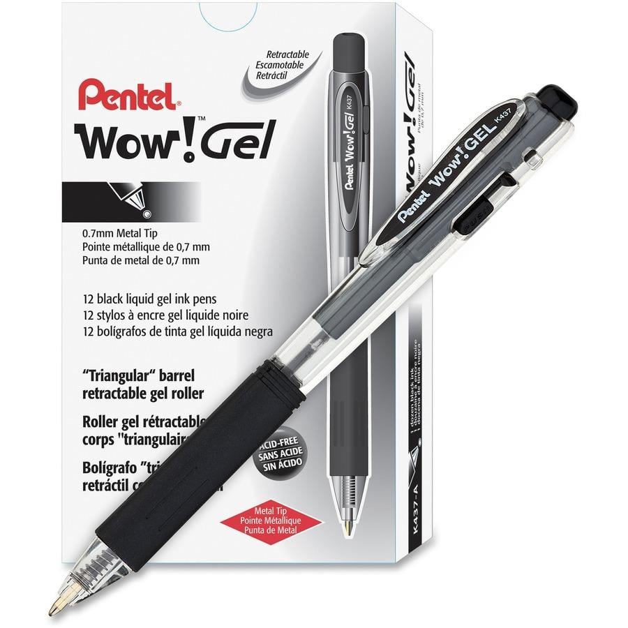 Pentel Wow! Gel Pens - Medium Pen Point - 0.7 mm Pen Point Size -  Retractable - Black Gel-based Ink - Clear Barrel - 12 / Dozen - ICC  Business Products