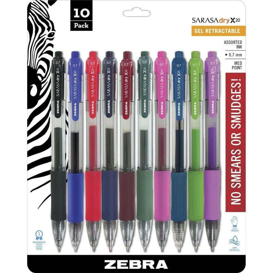 Zebra SARASA dry X20 Retractable Gel Pen - Medium Pen Point - Refillable -  Retractable - Assorted Pigment-based Ink - Translucent Barrel - 10 / Set