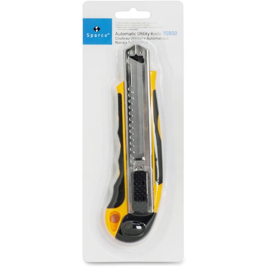 Sparco Automatic Utility Knife - 5 x Blade(s) - Straight Cutting -  Acrylonitrile Butadiene Styrene (ABS) Handle - Black, Yellow - ICC Business  Products