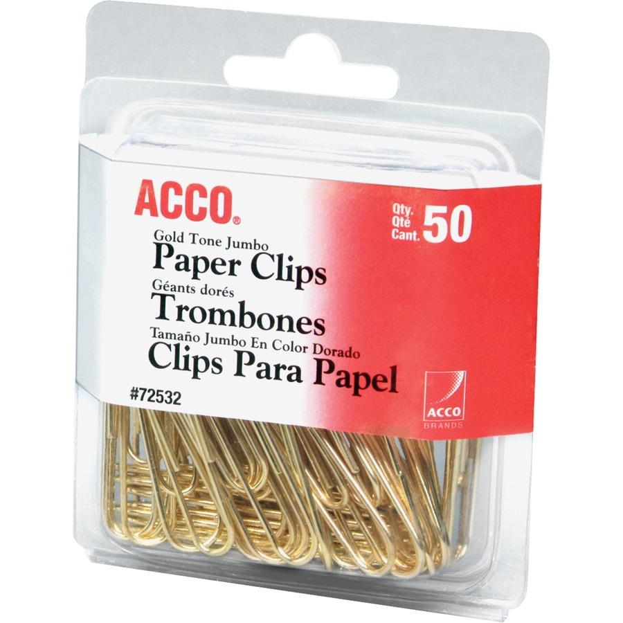 Acco Paper Clips - Jumbo - 20 Sheet Capacity - Long Lasting, Durable - 50 /  Pack - Gold - ICC Business Products
