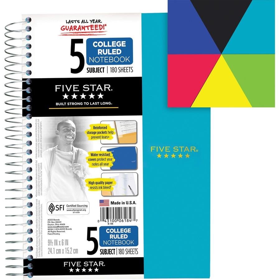 Mead Five-Star Wirebound 5-Subject Notebook - 200 Sheets - Wire Bound - 11  x 8 1/2 - White Paper - Assorted Cover - Pocket, Stiff-back, Perforated,  Pocket Divider, Heavyweight, Subject, Spiral Lock - 1 Each - Bluebird  Office Supplies