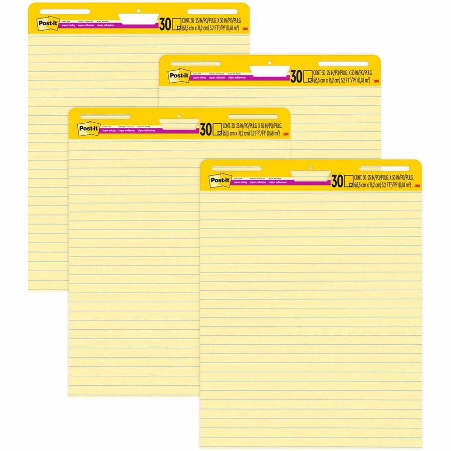 Post-it® Super Sticky Easel Pad - 30 Sheets - Stapled - Feint Blue  Margin - 18.50 lb Basis Weight - 25 x 30 - Canary Yellow Paper - Self- adhesive, Bleed-free, Perforated, Repositionable, Resist