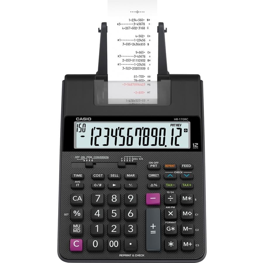 Casio HR-170RC Printing Calculator Dual Power, Two-color Printing,  Easy-to-read Display, Sign Change, Compact 12 Digits LCD AC  Supply/Battery Powered AA 2.6