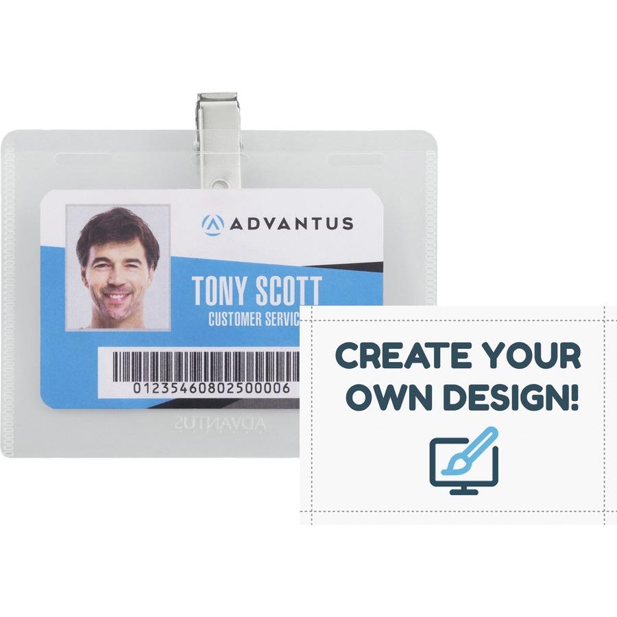 Advantus DIY Clip-style Name Badge Kit - Support 4 x 3 Media - Horizontal  - Plastic - 50 / Box - White, Clear - ICC Business Products