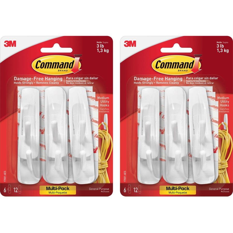 Command Strip Adhesive Hooks - 3 lb (1.36 kg) Capacity - for Paint, Wood,  Tile - White - 12 / Bag - ICC Business Products