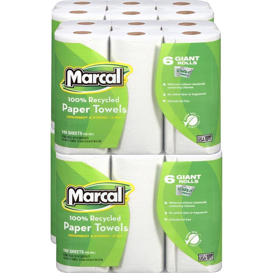 Marcal 100% Recycled, Giant Roll Paper Towels - 2 Ply - 140 Sheets/Roll -  White - Perforated, Dye-free, Fragrance-free, Strong, Lint-free, Absorbent  -