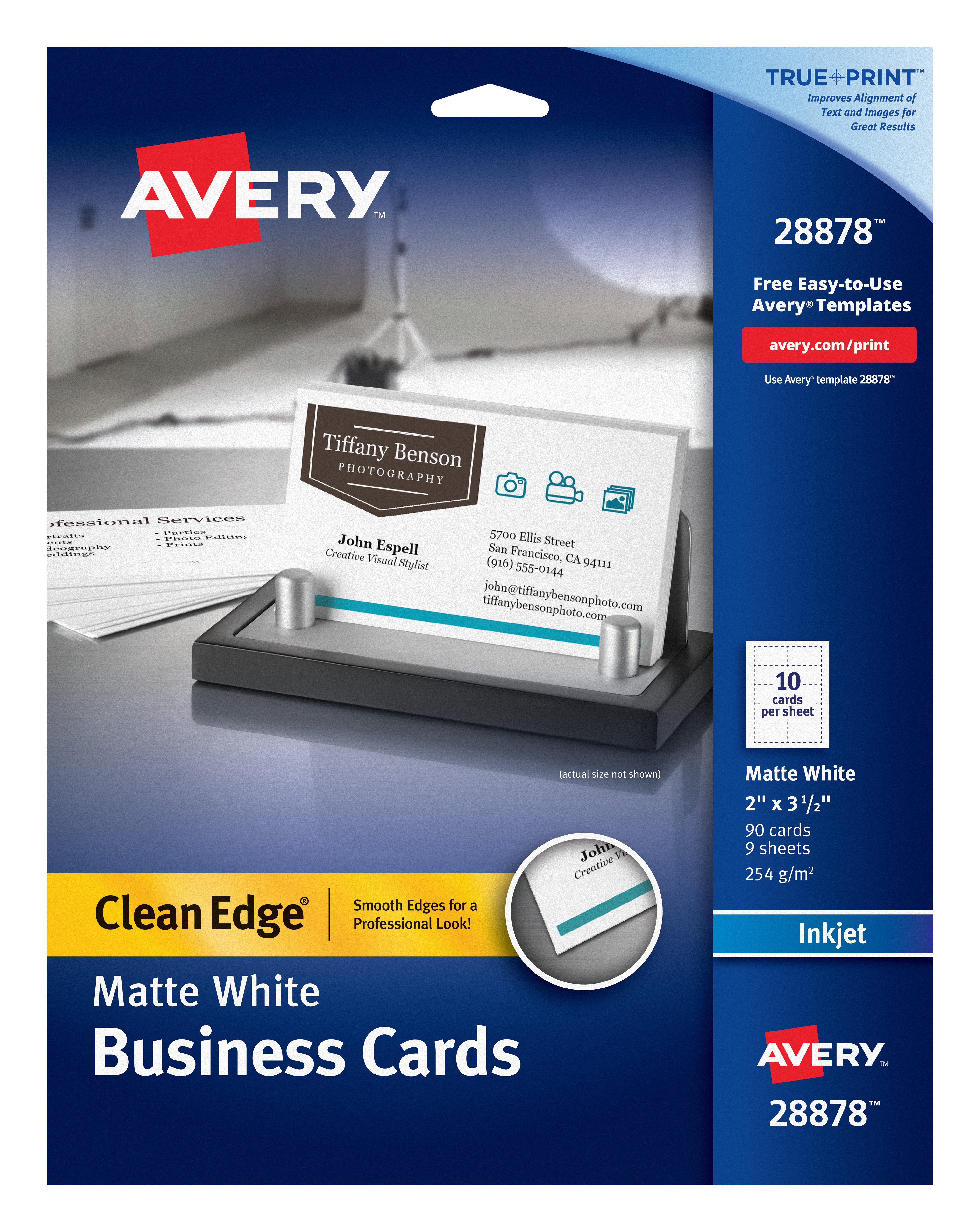 Avery Clean Edge Business Cards True Print Matte Two Sided Printing 2 X 3 1 2 90 Cards 28878 Avery business card template 28878