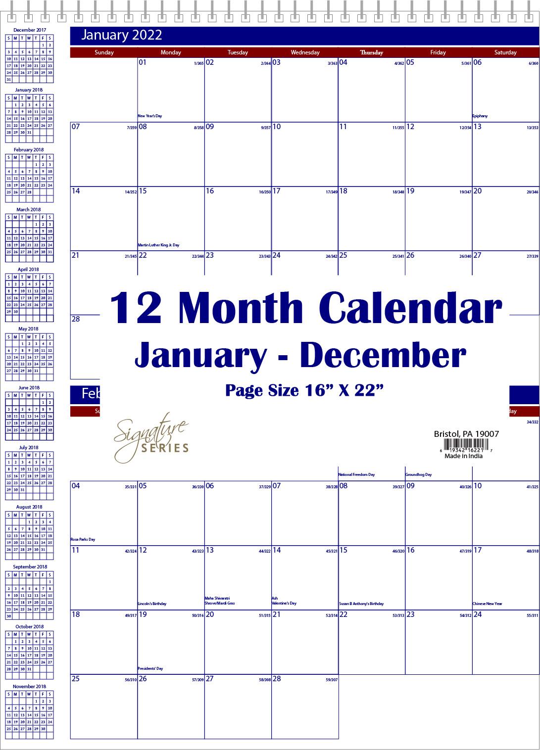 BULK Carton 16" X 22" TOP WIRED WALL CALENDAR 2022