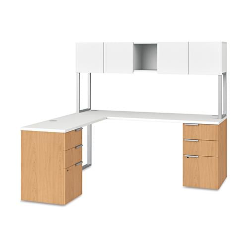 Hon Voi Series L Workstation W 2 Pedestal Supports Overhead Cabinet