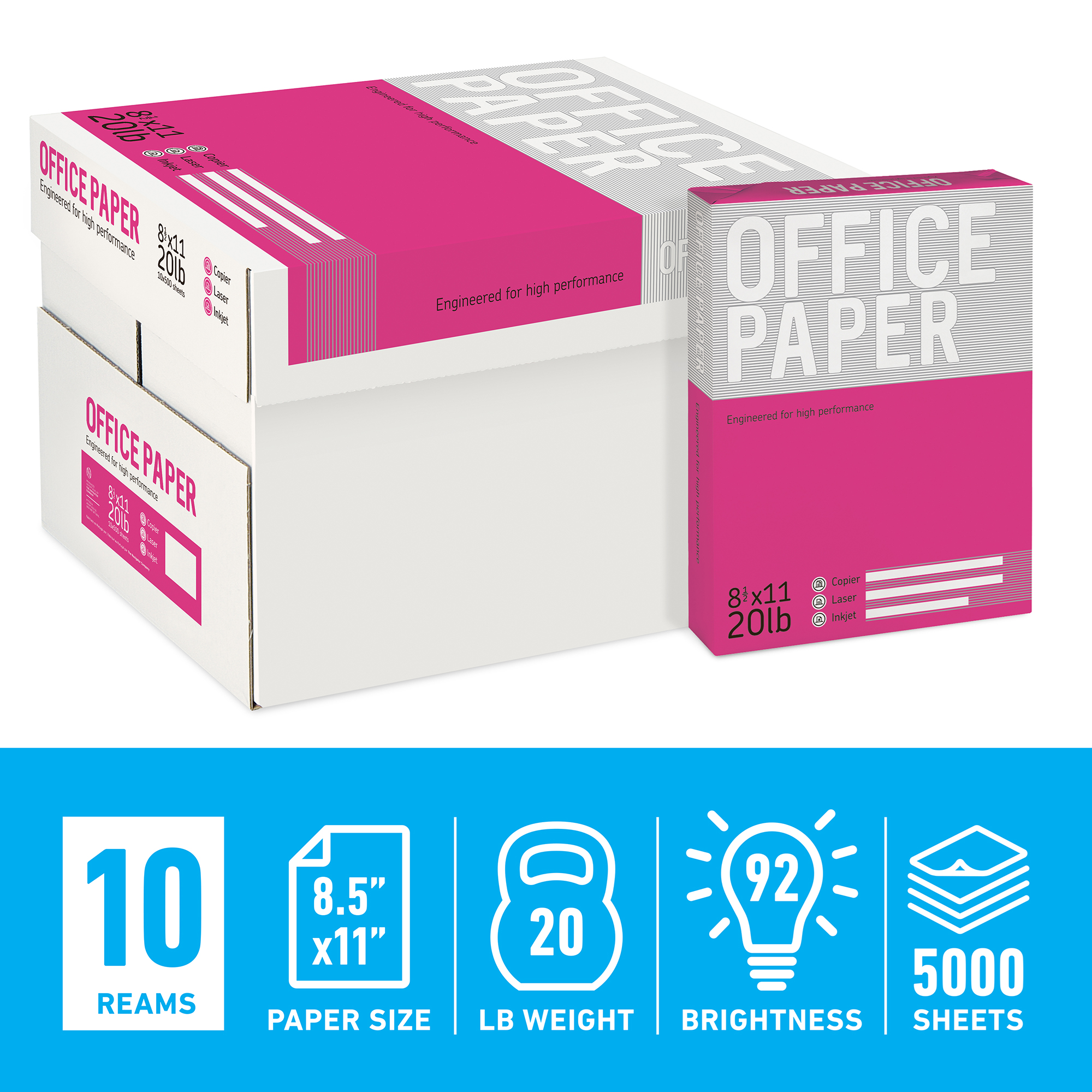 Multipurpose Paper, 8.5" x 11", 20 lbs., 92 Bright, 10 Reams/Carton