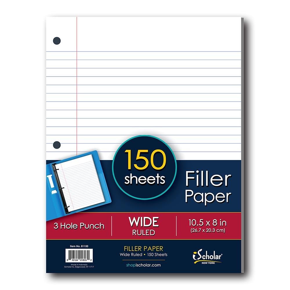 Ischolar Wide Ruled Filler Paper, White, 10.5 x 8-Inches, 150 Sheets