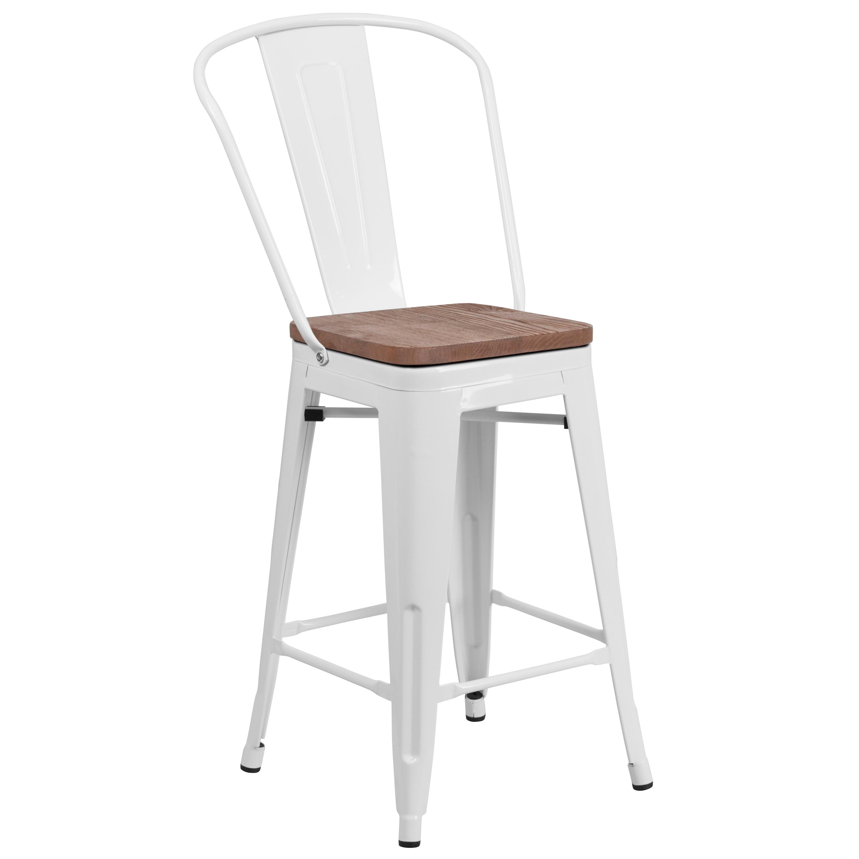 24 High White Metal Counter Height Stool With Back And Wood Seat Tonerquest