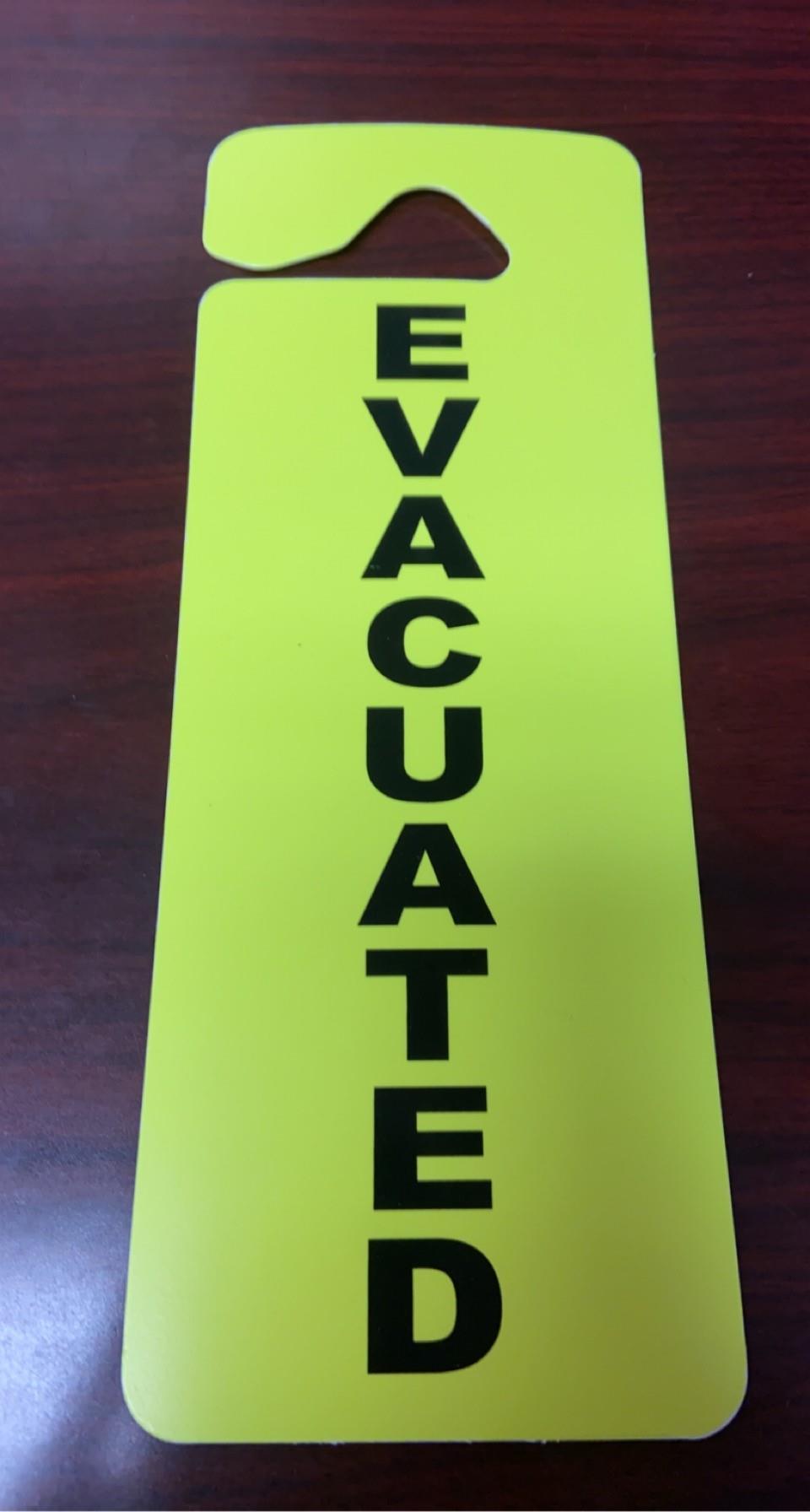 Standard Door Knob Hanger Tag, Legend"EVACUATED", Yellow US Labels