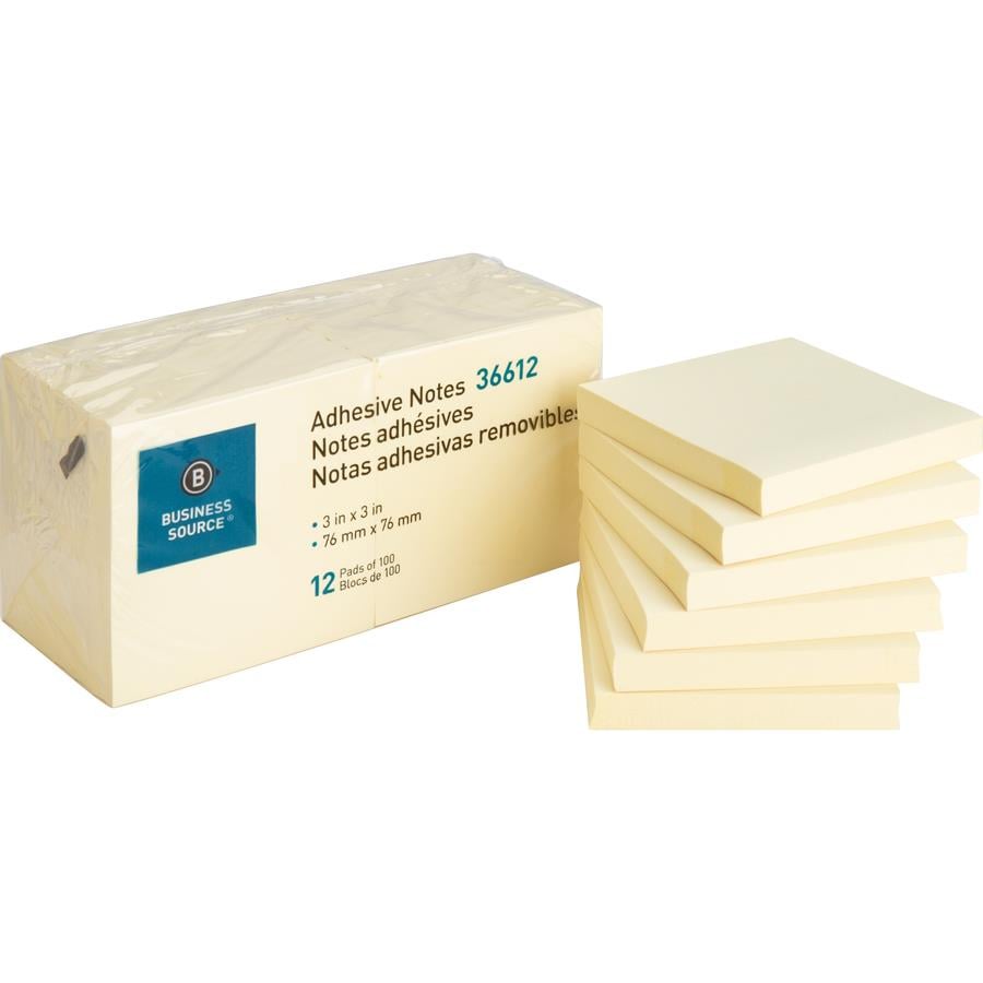 Business Source Yellow Repositionable Adhesive Notes - 3 x 3 - Square -  Yellow - Repositionable, Solvent-free Adhesive - ICC Business Products