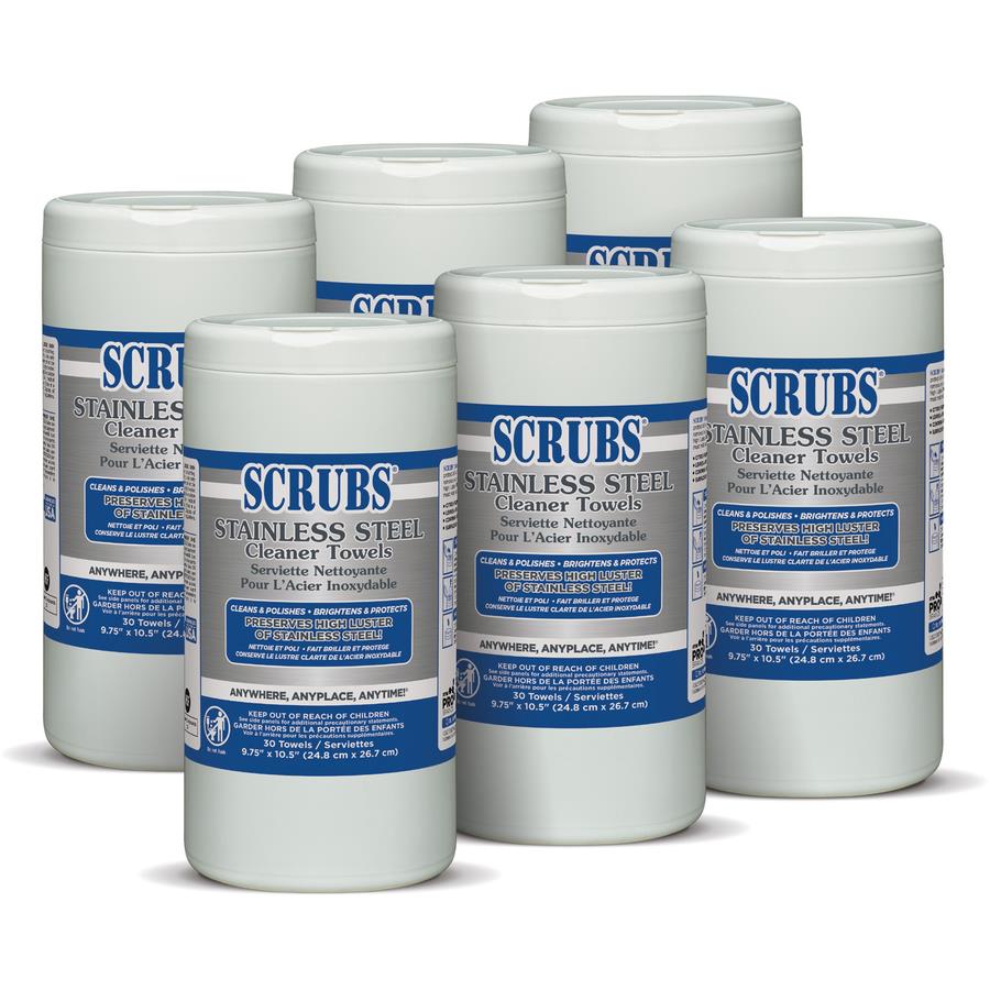 SCRUBS Stainless Steel Cleaner Wipes: Canister, 30 ct Container Size, Ready  to Use, Citrus, 6 PK