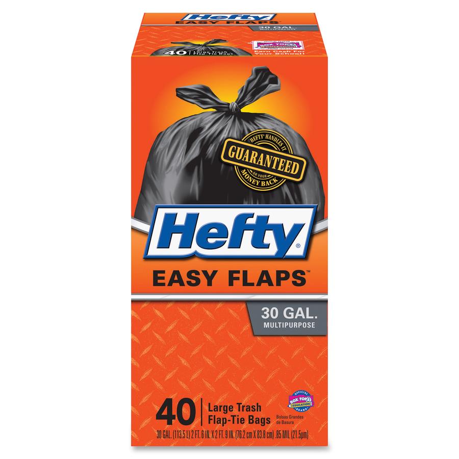 Hefty Easy Flaps 30-gallon Large Trash Bags - Large Size - 30 gal Capacity  - 30 Width x 33 Length - 0.85 mil (22 Micron) Thickness - Drawstring  Closure - Black - 6/Carton - 40 Per Box - Can - Recycled