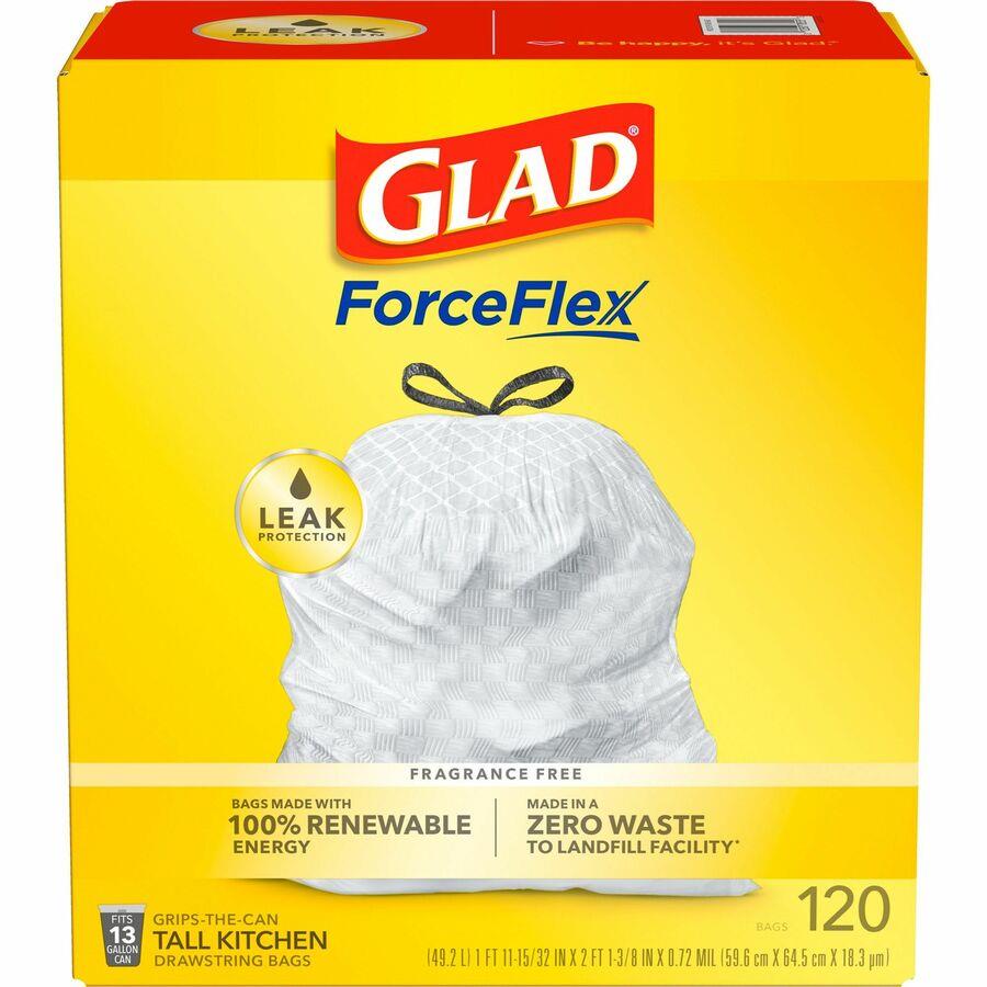 Glad 13 Gallon Tall Kitchen Drawstring Trash Bags, White - 100/Box 