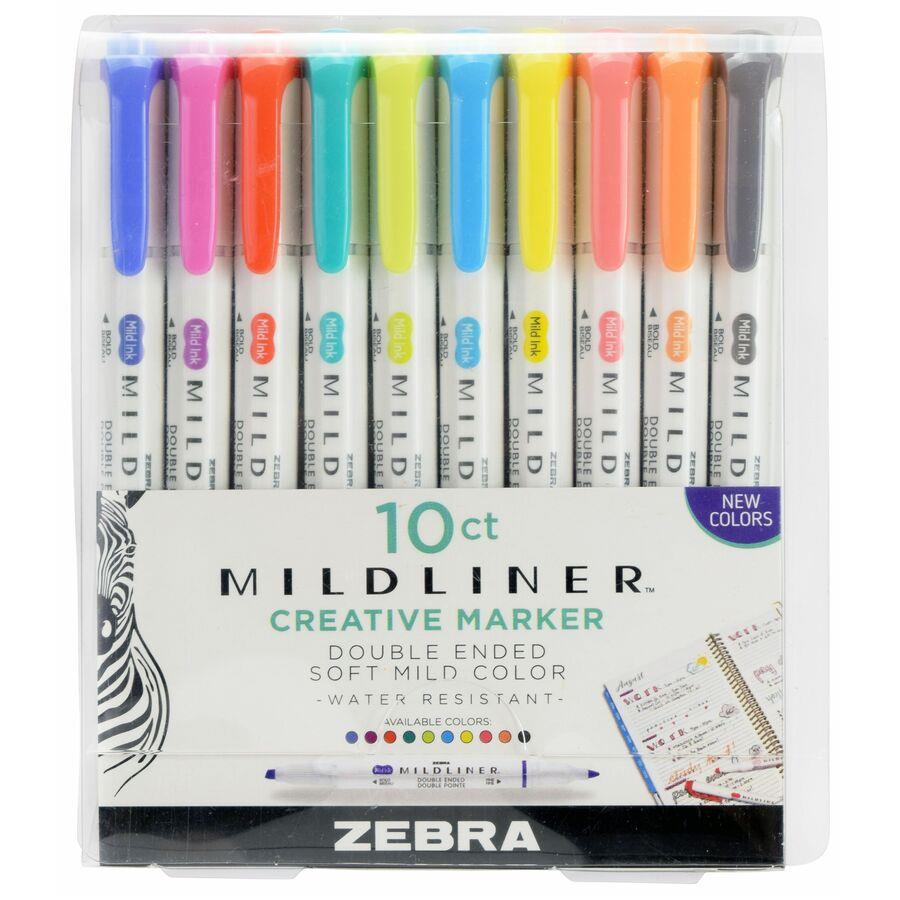 Zebra Pen Mildliner Brush Marker, Double Ended Brush and Fine Tip Pen,  Assorted Soft Colors, 10 Pack