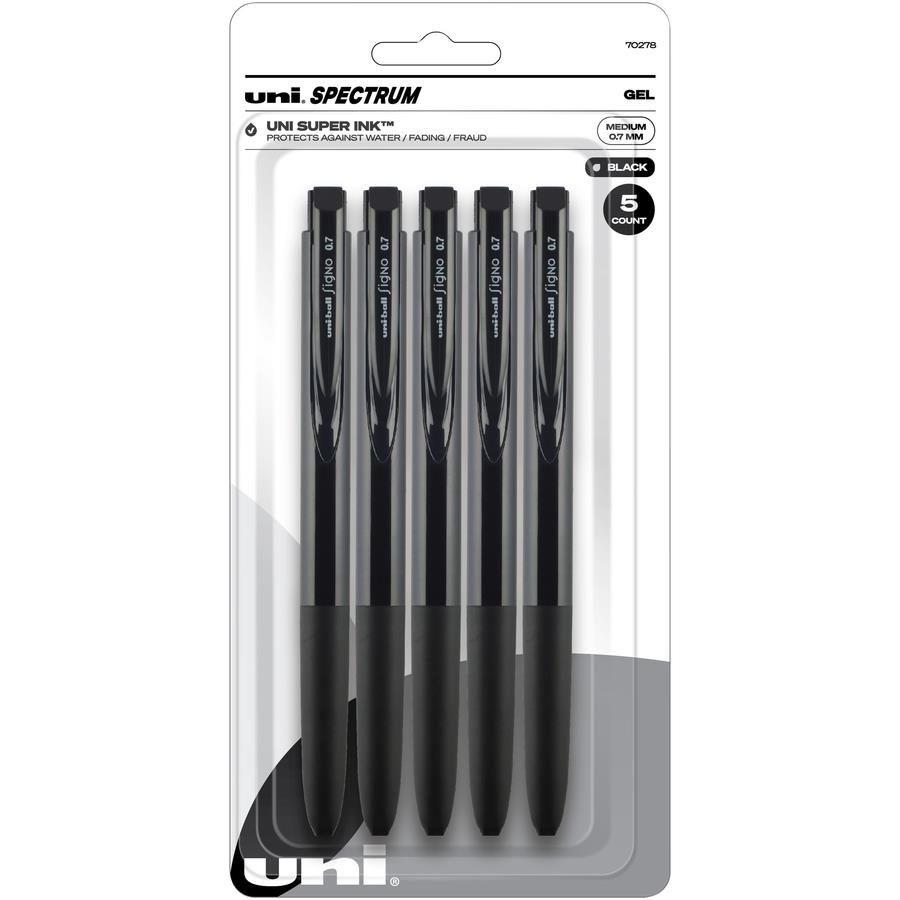 uni Spectrum Gel Pen - Medium Pen Point - 0.7 mm Pen Point Size - Refillable - Retractable - Multicolor Pigment-based, Gel-based Ink - Black Plastic, Rubberized Barrel - 5 / Pack