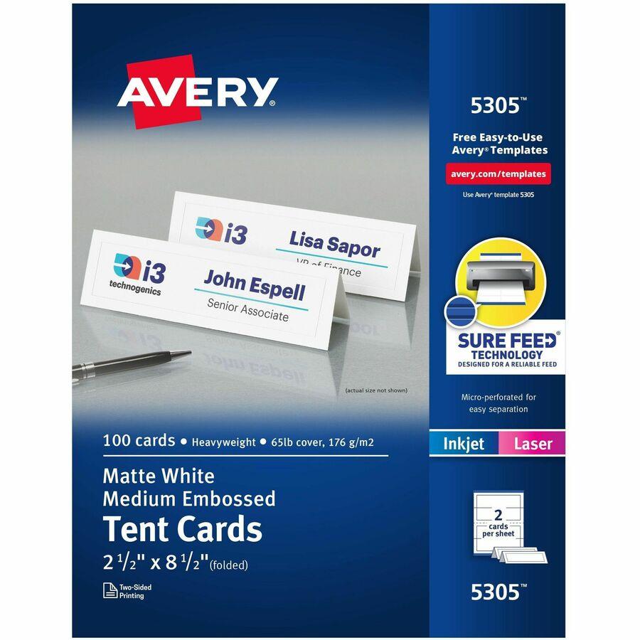 Avery Sure Feed Embossed Tent Cards - 79 Brightness - 2 1/2 Avery Sure Feed Embossed Tent Cards - 79 Brightness - 2 1/2