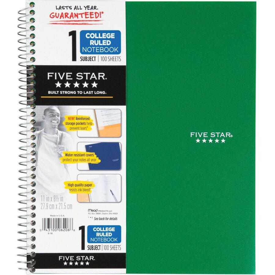 Mead Five-Star Wirebound 5-Subject Notebook - 200 Sheets - Wire Bound - 11  x 8 1/2 - White Paper - Assorted Cover - Pocket, Stiff-back, Perforated,  Pocket Divider, Heavyweight, Subject, Spiral Lock - 1 Each - Bluebird  Office Supplies
