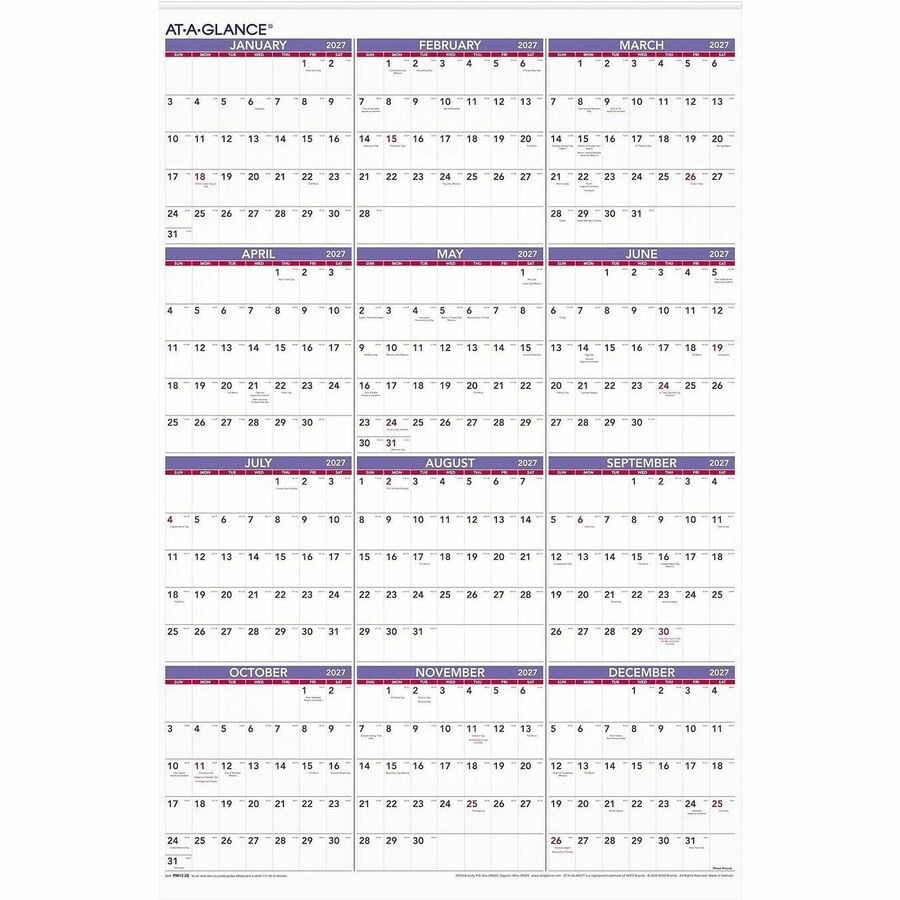 At-A-Glance Yearly Wall Calendar - Julian Dates - Yearly - 1 Year - January  2021 till December 2021 - 1 Year Single Page Layout - 24" x 36" Sheet Size  - 1"